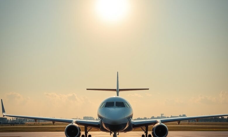 Aeronave comercial de médio porte estacionada na pista de um aeroporto ao pôr do sol em ambiente sereno.