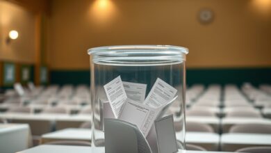Urna eleitoral transparente com cédulas de voto em sala de votação iluminada durante processo democrático internacional.