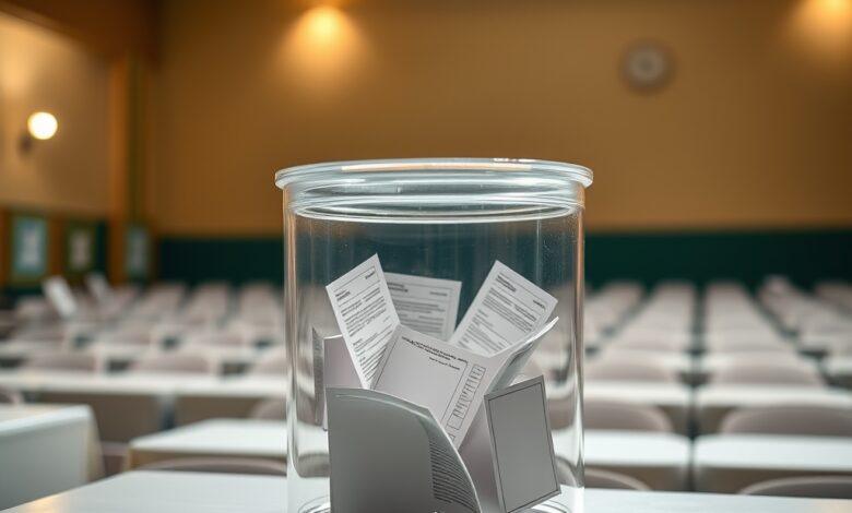Urna eleitoral transparente com cédulas de voto em sala de votação iluminada durante processo democrático internacional.