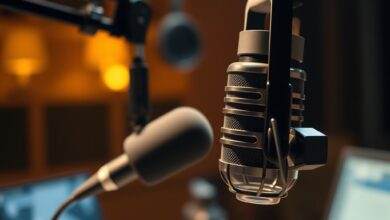 Microfone de radiodifusão focado num estúdio com iluminação suave ao fundo durante gravação de programa cívico.