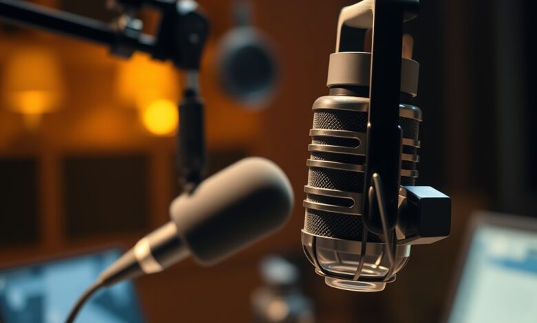Microfone de radiodifusão focado num estúdio com iluminação suave ao fundo durante gravação de programa cívico.